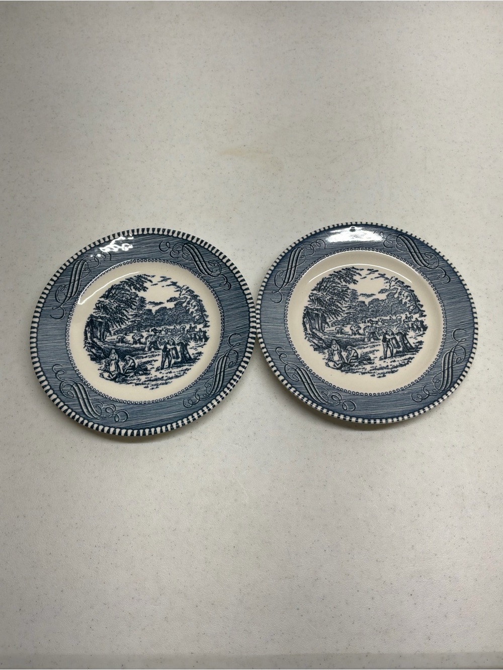 Currier & Ives Blue and White Scenic Ceramic Salad Plates Set of 2 - Picture 4 of 5